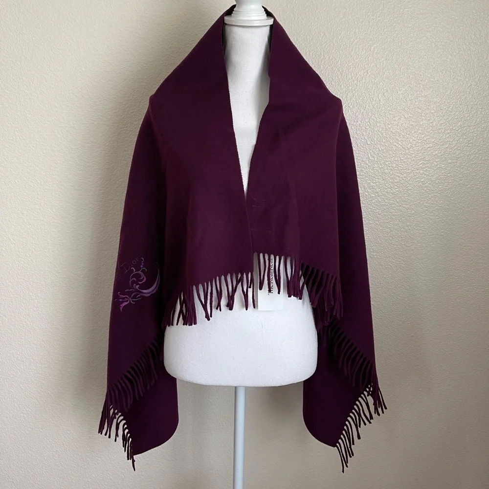 Christian Dior large purple 100% wool scarf fringe fluffy warm logo CD floral